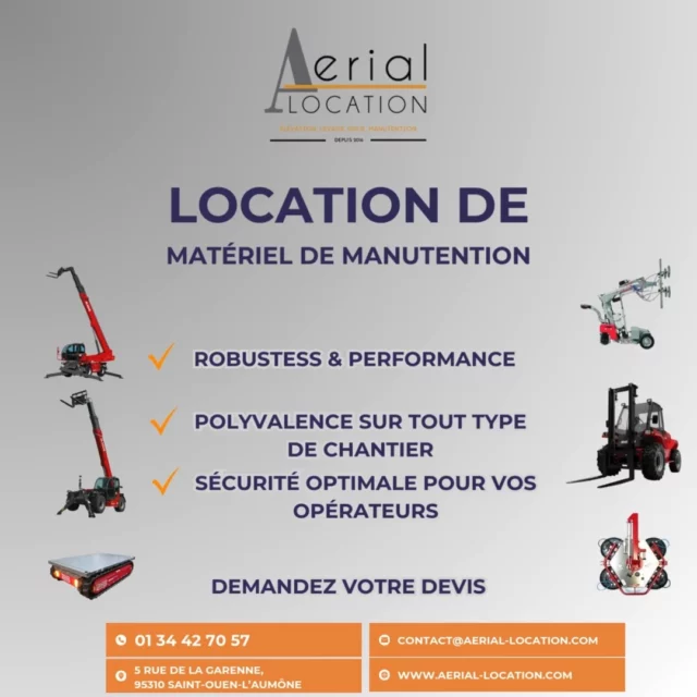 Besoin de matériel de manutention fiable et puissant ?
Aerial Location vous propose une large gamme d’équipements pour tous vos besoins terrain, industrie, logistique ou BTP.

🔧 Chariot rotatif, frontal, télescopique ou de transport ?
🚜 Palonniers, robots de pose ?

Nous avons tout le matériel de manutention pour répondre à vos chantiers les plus exigeants.
Location courte ou longue durée, en Île-de-France et région lyonnaise.

💪 Nos équipements vous garantissent :
✅ Robustesse & performance
✅ Polyvalence sur tout type de chantier
✅ Sécurité optimale pour vos opérateurs
✅ Livraison rapide sur site

📍Nos modèles disponibles :
🌀 Chariots rotatifs jusqu’à 30 m (MAGNI RTH 6.26 / 6.21...)
🚛 Chariots de transport jusqu’à 2,2 tonnes
📏 Chariots télescopiques 10 m – 15 m – 17 m
🏗️ Chariots frontaux (Manitou MI 30 D / MI 40 D)
🤖 Robots de pose (MPK10 / MPK20 / SL280)
🧲 Palonniers jusqu’à 2000 kg

📞 01 34 42 70 57
📧 contact@aerial-location.com
🌐 www.aerial-location.com

📲 Demandez votre devis express !🔗 

#locationmateriel #manutention #levage #btp #chariottélescopique #manitou #palonnier #robotdepose #magni #locationchariot #aeriallocation