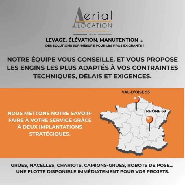 🏢 15 ans d’expertise, deux agences au service de vos chantiers.

Aérial Location accompagne les professionnels partout en Île-de-France et dans la région Auvergne-Rhône-Alpes grâce à nos deux implantations stratégiques :

📍 Saint-Ouen-l’Aumône (95)
📍 Lyon (69)

Notre équipe vous conseille, vous livre sur chantier, et vous propose les engins les plus adaptés à vos contraintes techniques, délais et exigences.

🔧 Grues, nacelles, chariots rotatifs, camions...
📦 Livraison rapide et encadrée
📞 Service client réactif
⚙️ Parc matériel récent & normes CACES

👉 Découvrez notre approche et nos valeurs sur la page "À propos"
🔗 www.aerial-location.com

#AerialLocation #LocationEngins #Levage #Elevation #Manutention #CamionGrue #AgenceIDF #AgenceLyon #ExpertiseChantier #LocationMateriel #EnginsChantier #BTP #IledeFrance #Lyon #SecuriteChantier